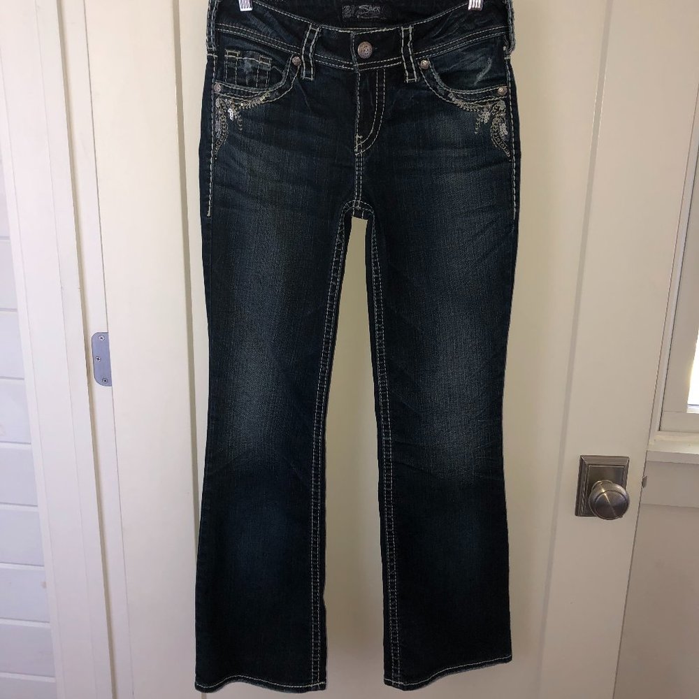 Silver Jeans Suki bootcut jeans sz 27x30 EUC LN dark blue destroyed wash